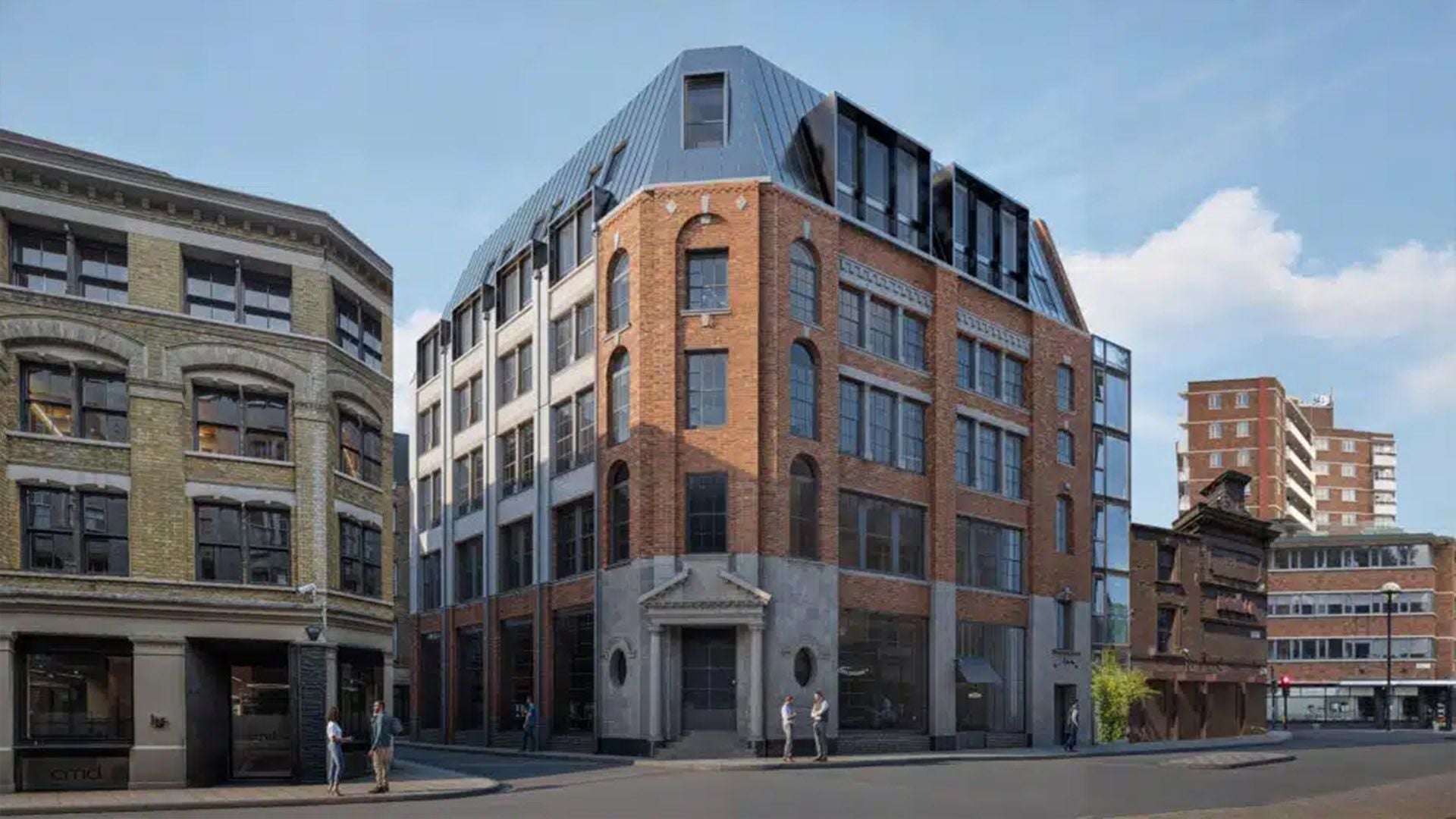 A computer rendering of 123 Golden Lane, a former Victorian warehouse that Bywater is refurbishing into a sustainable 7-storey office building
