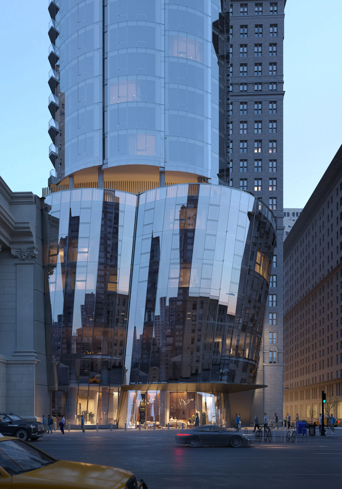 Street-level view of Casoni's unique sloping glass podium and illuminated lobby in Midtown.