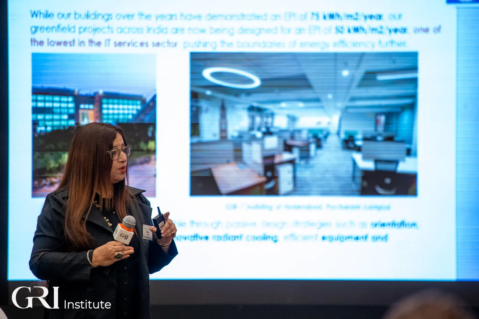 Dr. Mala Singh speaks about real estate and sustainability to an audience of women at the 'Path to Net Zero' gathering.