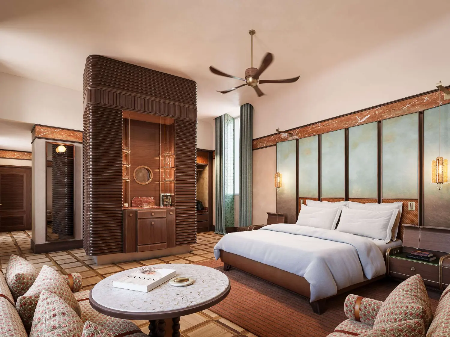 A luxurious guest room in the Orient Express La Minerva, featuring a plush bed with rich textiles and classic decor.