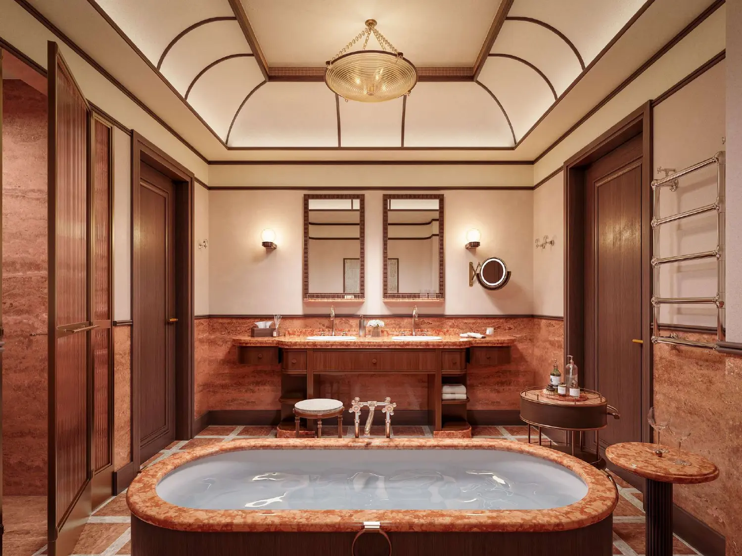 A luxurious marble bathroom in the Orient Express La Minerva, featuring a deep soaking tub, ornate fixtures, and classic design details.
