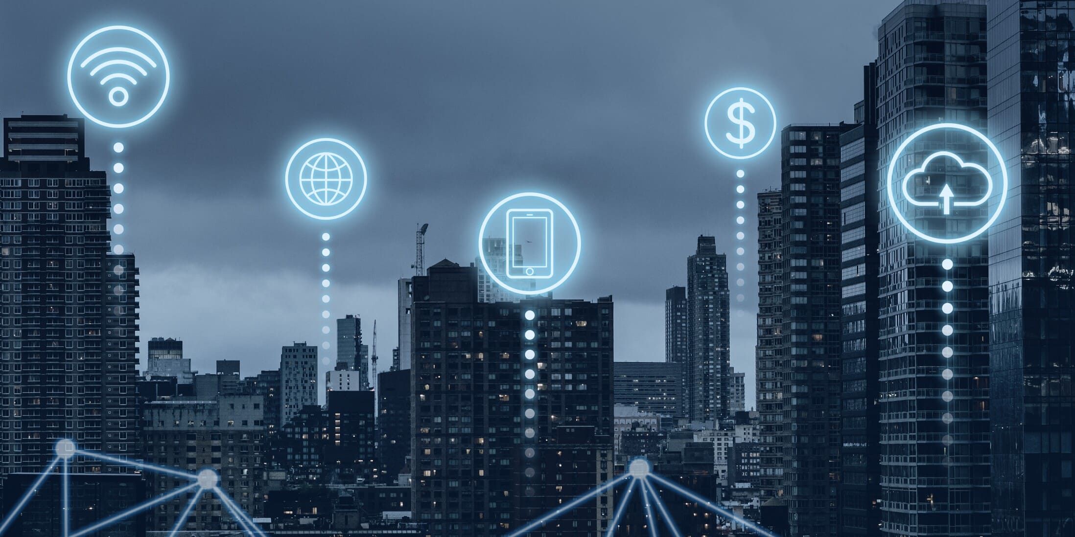 Imagem com cidade ao fundo e símbolos sinalizando tecnologia, internet, inovação, digitalização, inteligencia artificial, conectividade