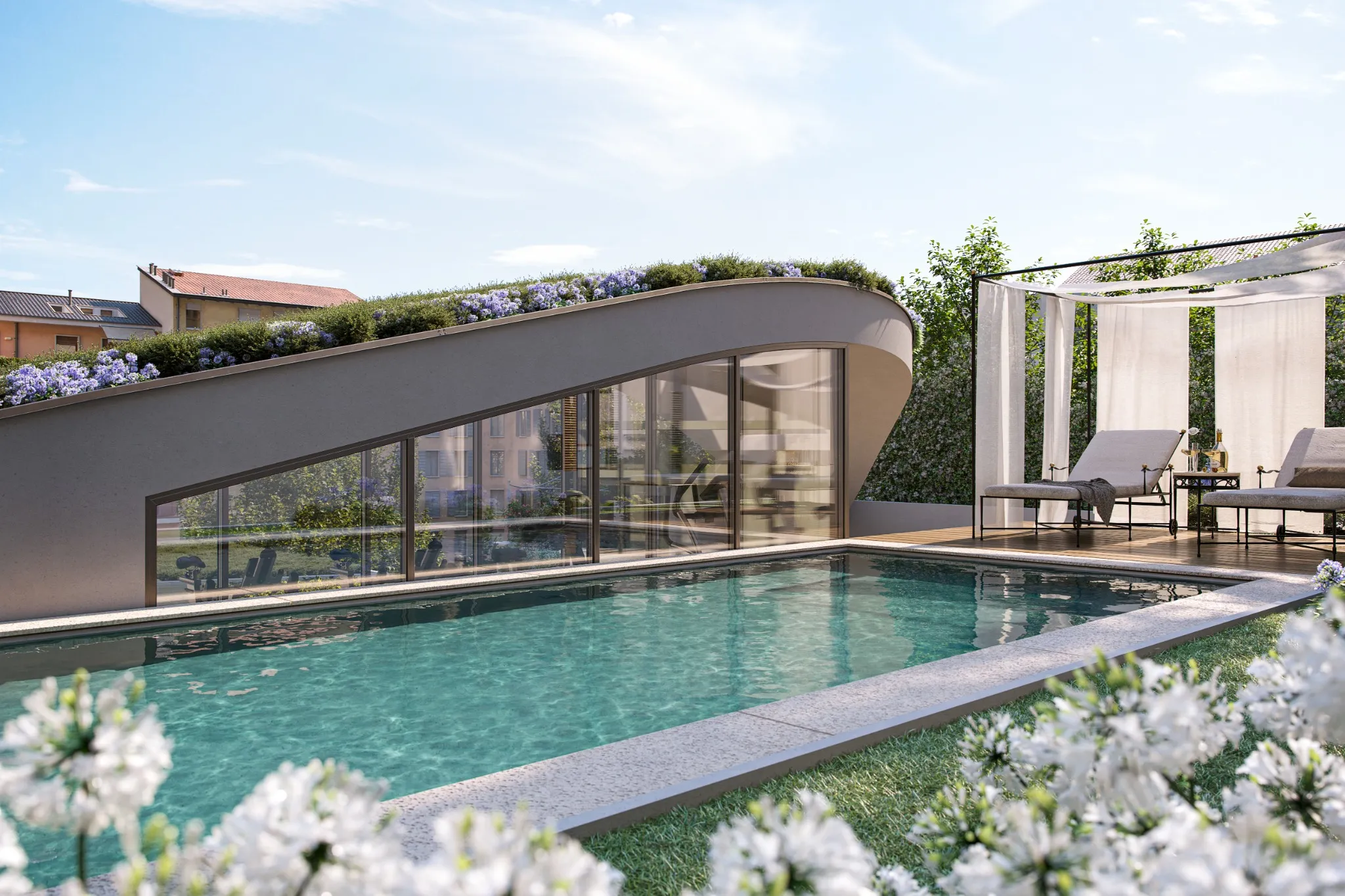 An elegant seating nook in the hotel, with velvet armchairs, a marble table, and dramatic drapery, creating an intimate and luxurious atmosphere.