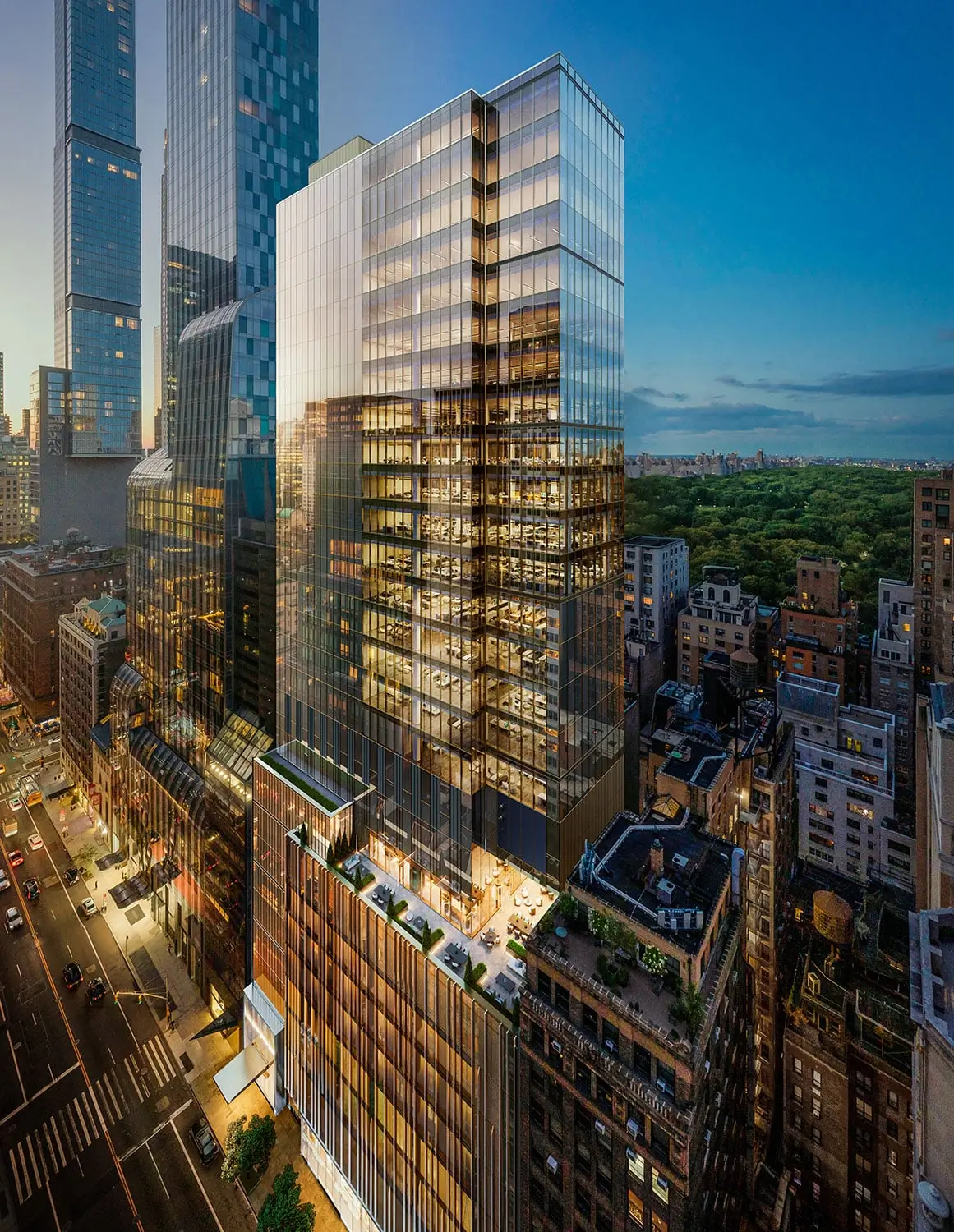 Exterior perspective of 125 West 57th Street showing its modern office facade in an urban context